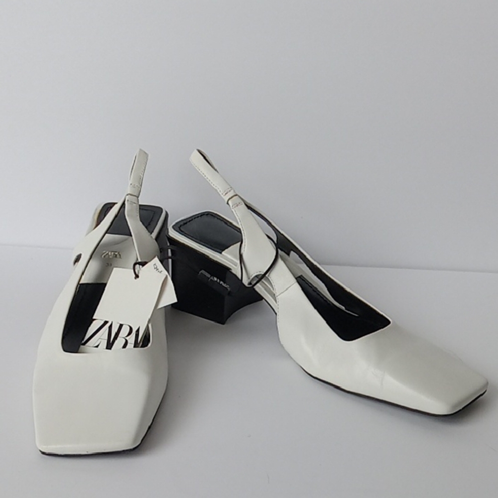NWT Zara Genuine Leather Cream Slingback Square Toe Chunky Kitten Heels